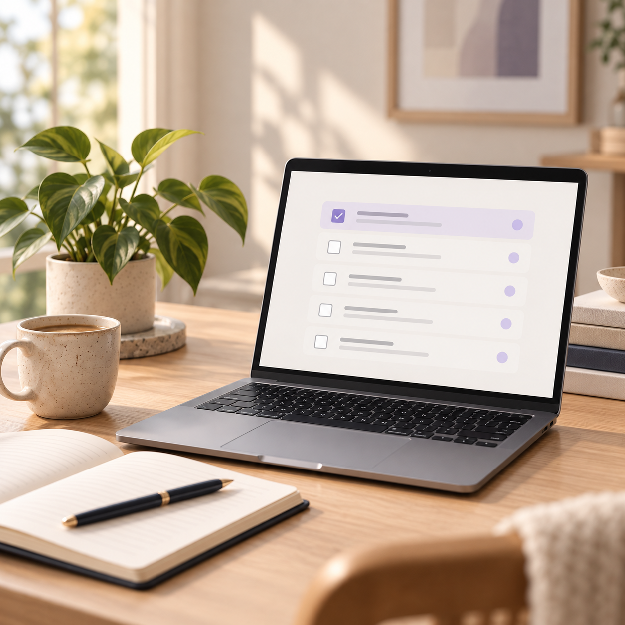 A laptop with a simple checklist on a calm desk